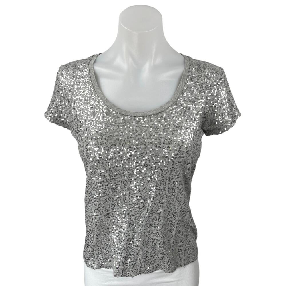 Calvin Klein Gray Silver Sequin Embellished Short Sleeve T Shirt Tee Top Size S